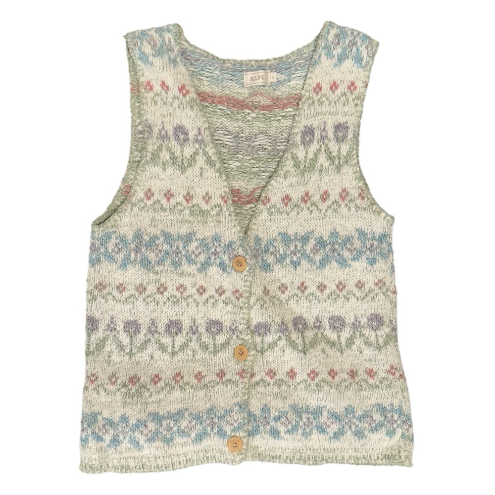 Alps Vintage Fair Isle Pastel Spring Easter Sweater Button Vest Womens Small S